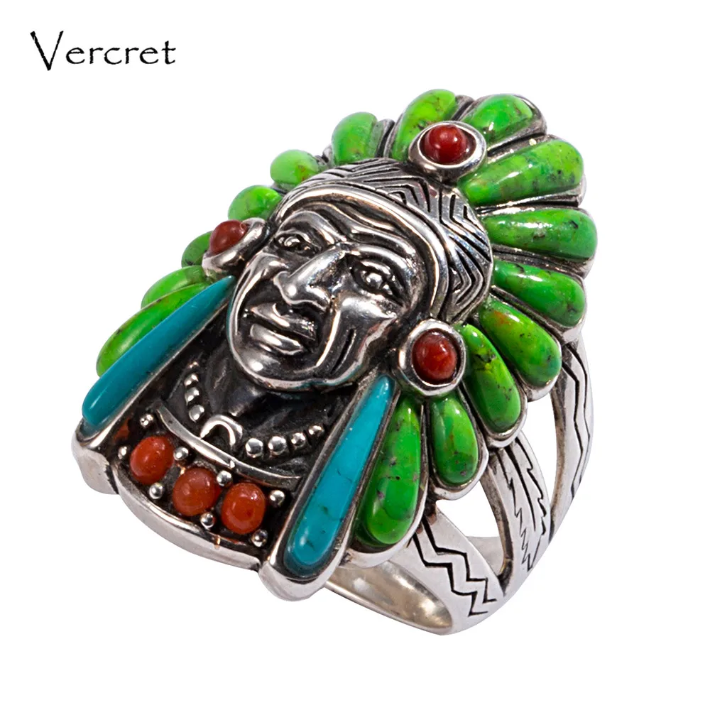 

Vercret Turquoise 925 Silver Native American Indian Chief Head Ring for Women Vintage Fine Jewelry Ring