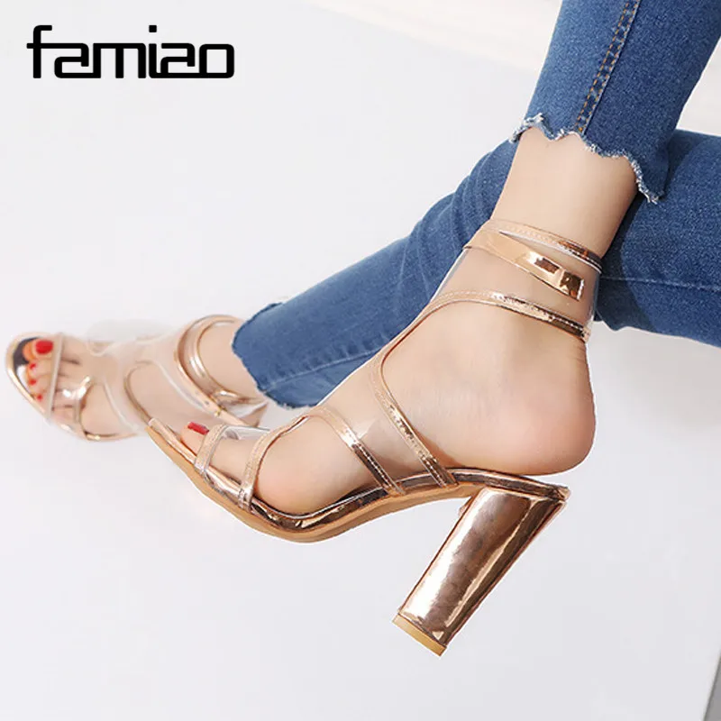 

FAMIAO platform shoes 2018 PVC gladiator sandals women espadrilles women Sandals high heel 11cm black gold summer sandals