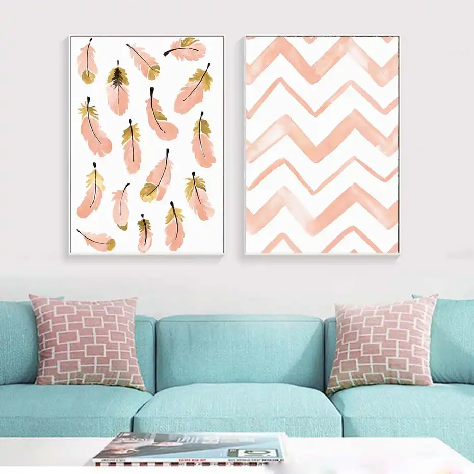 Pink Line Drawing Feather Wall Art Poster Print For Bedroom Modern Wall Decor Modular Canvas Picture Home Goods Wall Chart Ph Painting Calligraphy Aliexpress