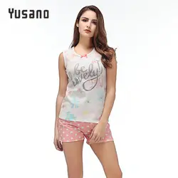 Yusano 2017 пижамный комплект хлопок o-образным вырезом без рукавов пижамы Для женщин Повседневное Письмо печати горошек Топы Корректирующие +