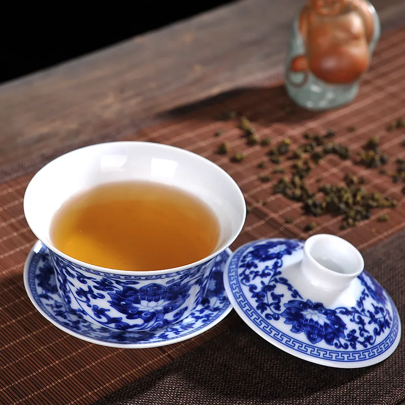 Китайский чайный набор кунг фу Gaiwan синий и белый фарфор чай Супница керамическая