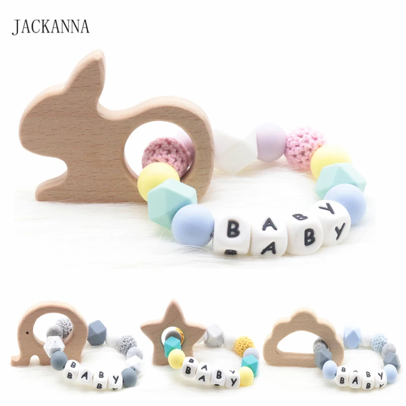 

Wood Teether Bracelet Silicone Beads Personalized Name Wooden Rabbit Elephant Rattle Toy Teething Chewable Bracelet Nursing Gift