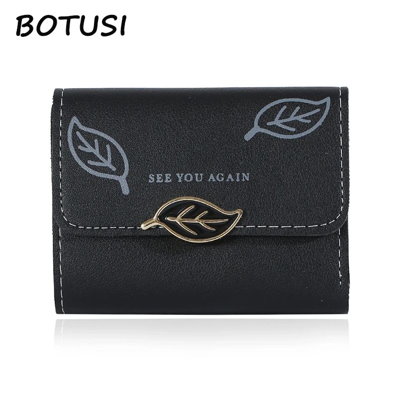 

BOTUSI See You Again Leaf Ladies Wallet Clasp Short Pu Leather Wallet Female Brand Multifunction Coin Purse Card Holders Handbag