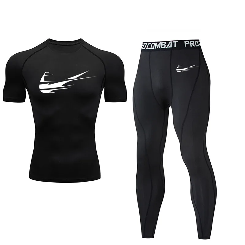 

2019 Men's Sports Running Set Compression T-Shirt + Pants Tight Long Sleeve Fitness Rashguard MMA Training Wear Gym Yoga Wear