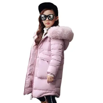 

Girls Winter Warm Long Padded Jacket Girl Christmas School Long Sleeve Fur Collar Hooded Outerwear Baby Jackets Kid Clothes