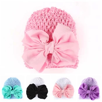 

New Baby Turban Hat Bowknot Elastic Knitted Baby Beanie Solid Kids Hat Gorros Bebe New Born Photography Props