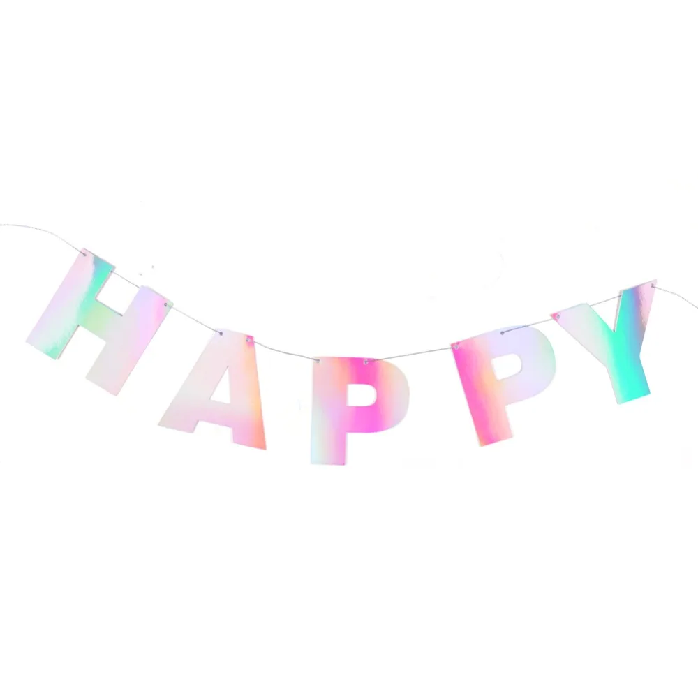 Holographic Film Happy Birthday Banner Rainbow Iridescent Film Alphabet Banner for Kids Birthday Unicorn Party 1st Birthday