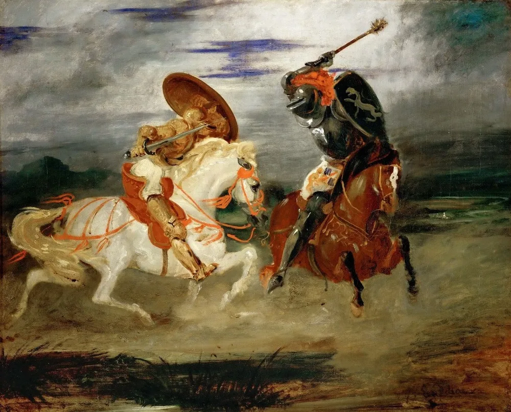 

Eugene Delacroix: Two Knights Fighting in a Landscape SILK POSTER Decorative painting 24x36inch