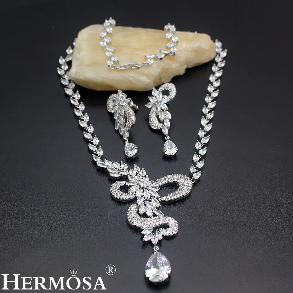 

HERMOSA jewelry New Fashion Zircon 925 Sterling Silver Party Accessories bridal wedding jewelry Necklace Earrings set TZ401