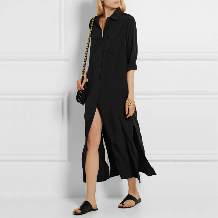 

Women Casual Fashion Ultra Long Single Breasted Chiffon Dress Ladies Side Slit Long Dress