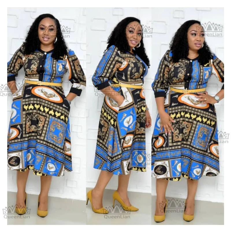 

2019 New African Bazin Print Dashiki Women Long Elasitc Pattern Dress With Belt for Women （ZC08#）