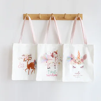 

YILE White Canvas Eco Shopping Tote Shoulder Bag Print Horse Unicorn Deer A725