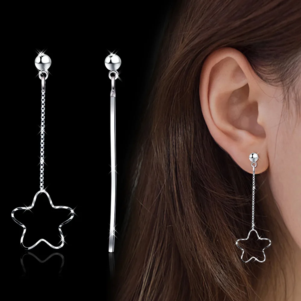 

Hollow-out Star Pendant Drop Earring Chain Earring For Women S90 Silver Asymmetry Ear Party Jewelry Brinco Rhinestone earrings