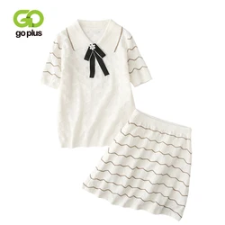 GOPLUS 2 Piece Set Women Summer Casual Turn-down Bow Pearls Knitted Short Sleeve Sweater High Waist Mini Skirt Sets Womens C8082 GOPLUS 2 Piece Set Women Summer Casual Turn-down Bow Pearls Knitted Short Sleeve Sweater High Waist Mini Skirt Sets Womens C8082