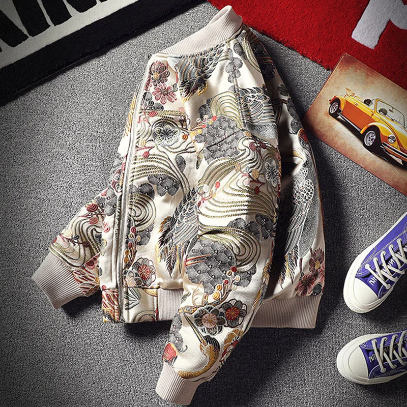 Japan Style Mens Floral & Crane Embroidery Bomber Jacket Stand Collar Men Streetwear College Baseball Jackets Autumn Coat Japan Style Mens Floral & Crane Embroidery Bomber Jacket Stand Collar Men Streetwear College Baseball Jackets Autumn Coat