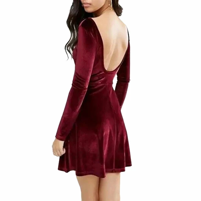 2017 Autumn Sexy Women Dress Solid Long Sleeve Knee Length Velvet Dress