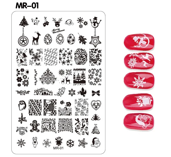 Новая Рождественская серия для дизайна ногтей, штамповочная пластина из нержавеющей стали, трафарет для печати лака для ногтей 9,5 см* 14,5 см, штампы маникюрные инструменты - Цвет: MR 01