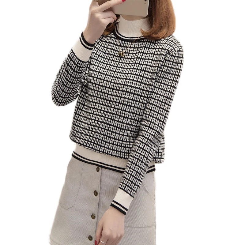 Spring Ladies Sweater 2019 New High Collar Loose Pullover Short Plaid Knitwear Autumn Wild Long Sleeve Bottoming Lj129 | Женская одежда
