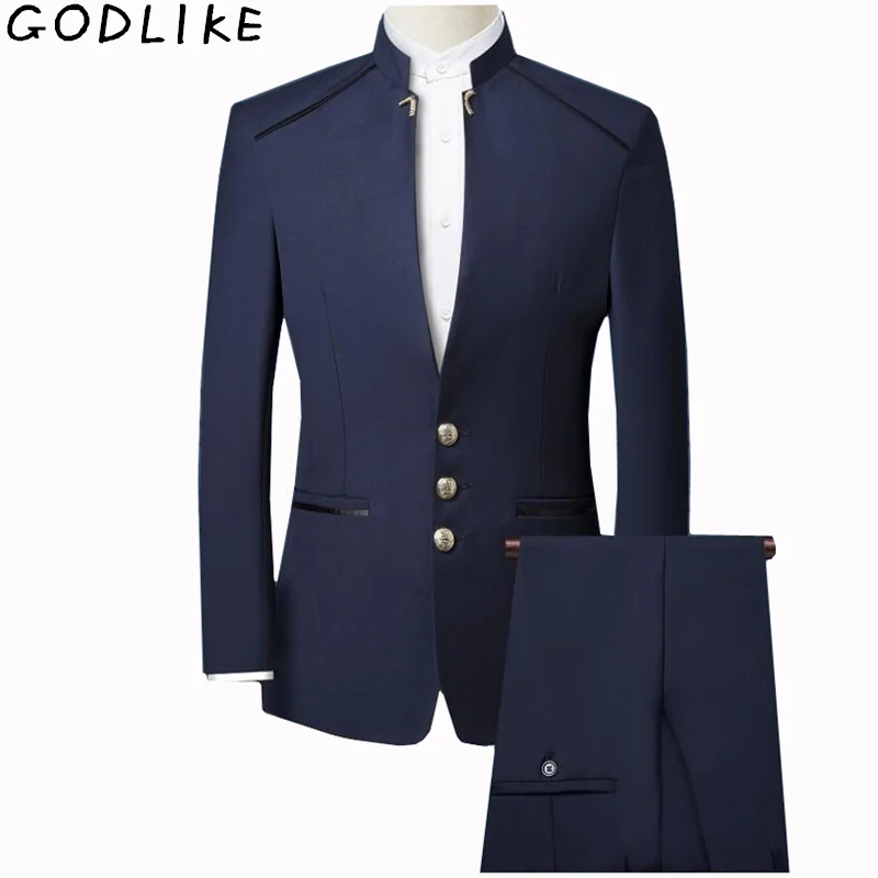 

New 2019 Mens Chinese Tunic Collar Bridegroom Suit Formal Wear Dress Slim Fit Male Suits Groom Wedding Blazer+Vest+Pants