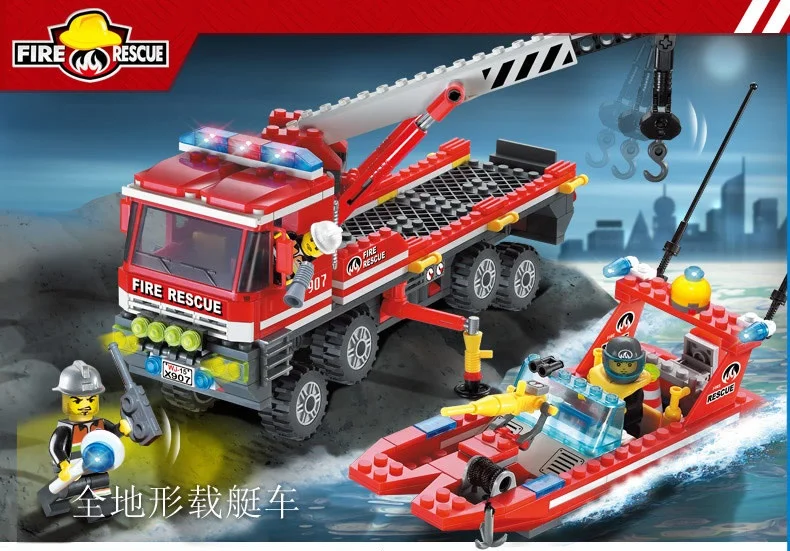 

Enlighten Building Block Fire Rescue All-Terrain Fire Boats Carrier Truck 3 Fireman 420pcs Educational Brick Toy Boy Gift-No Box