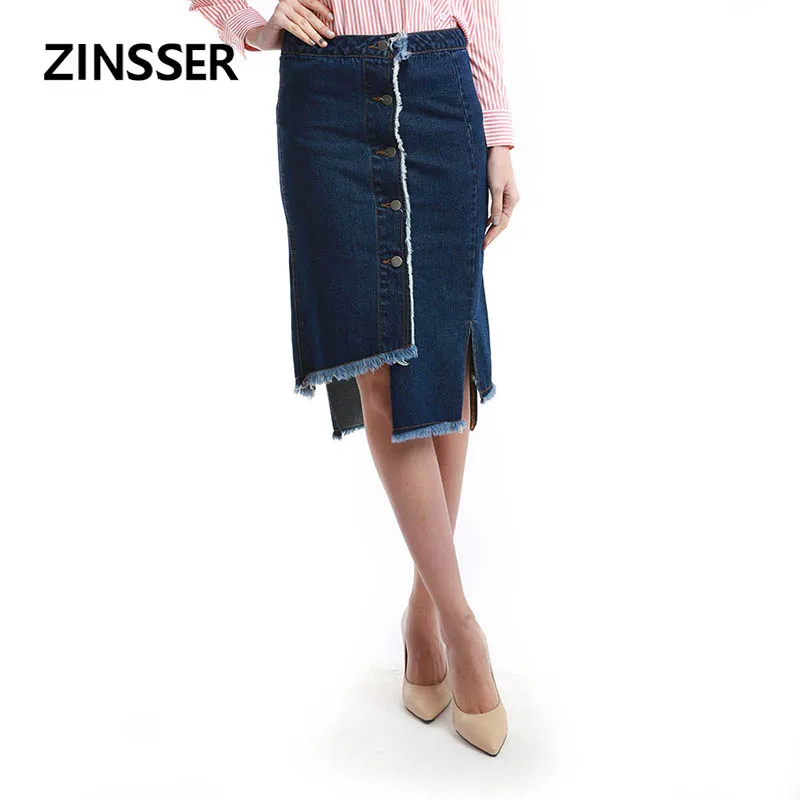 

Autumn Winter Women Denim Fancy Skirt Long Casual Irregular Bottom Front Button Raw Frayed Edge Washed Blue Female Lady Skirt