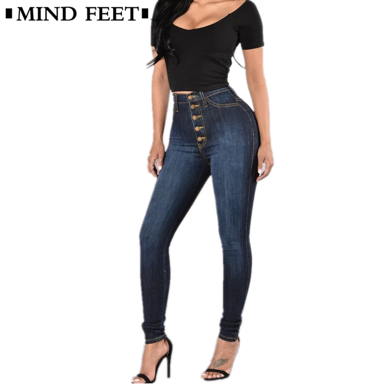 

High Waist Plus Size Jeans Woman Vintage High Elastic Trousers Denim Button Slim Female Jeans Lady Pencil Autumn Thick Concise