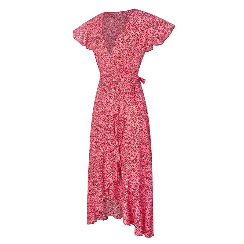 Летние пляжные платья для женщин, богемное праздничное платье в мелкий горошек с поясом и оборками, сексуальное длинное платье средней длины с v-образным вырезом, Ассиметричное платье M0128