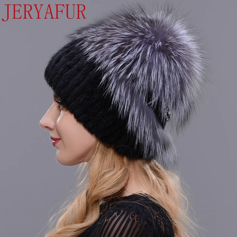 US $29.04 Jeryafur Russian Knit Cap New Listing Mink And Fox Hat Real Fur Hat Cap Hat Winter Woman Ski Cap Protection Ear Free Send