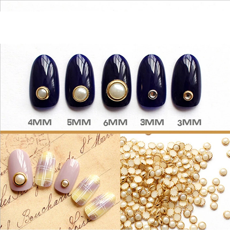 

1Box Beige Metal Edge Glitter Nail Beads Multi-color Faux Pearls DIY Nail Art Decorations Flat Back Half Round Nail Decorations