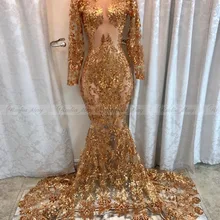 Блестящие золотые блестки для платья Русалка с длинным рукавом Выпускные платья черные девушки чистой высокой шеи суд поезд Африканский Формальное вечернее платье