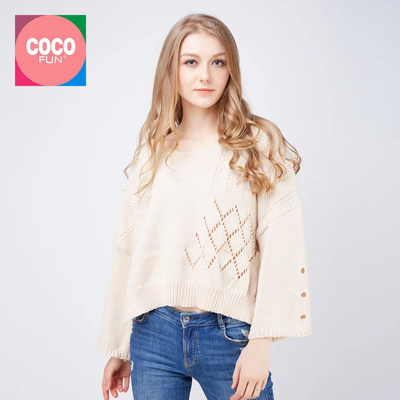 Cashmere Sweater Jumper Casual Light Beige Pullover Warm Hollow Geometric Pattern Soft Comfortable CoCo Fun | Женская одежда