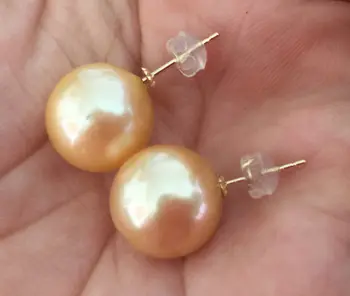 

charming 13-14mmAAA perfect south sea round gold pearl earring 18k solidgold