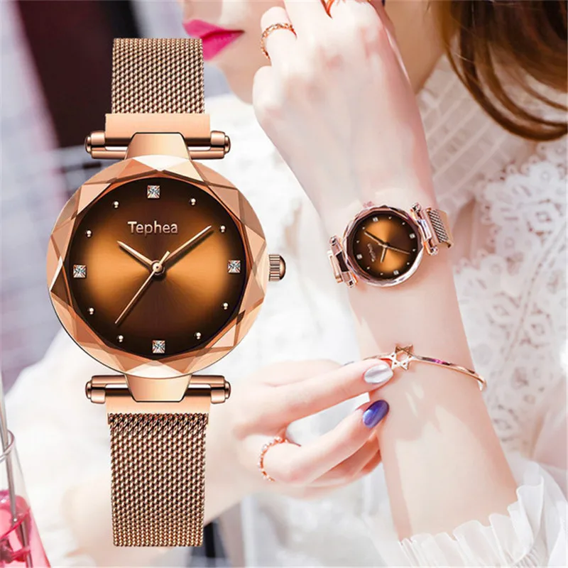 

Fashion Rose Gold Watch For Women Geometric Surface Luxury Diamond Starry Sky Ladies Quartz Clock Top Brand Magnet Buckle Female