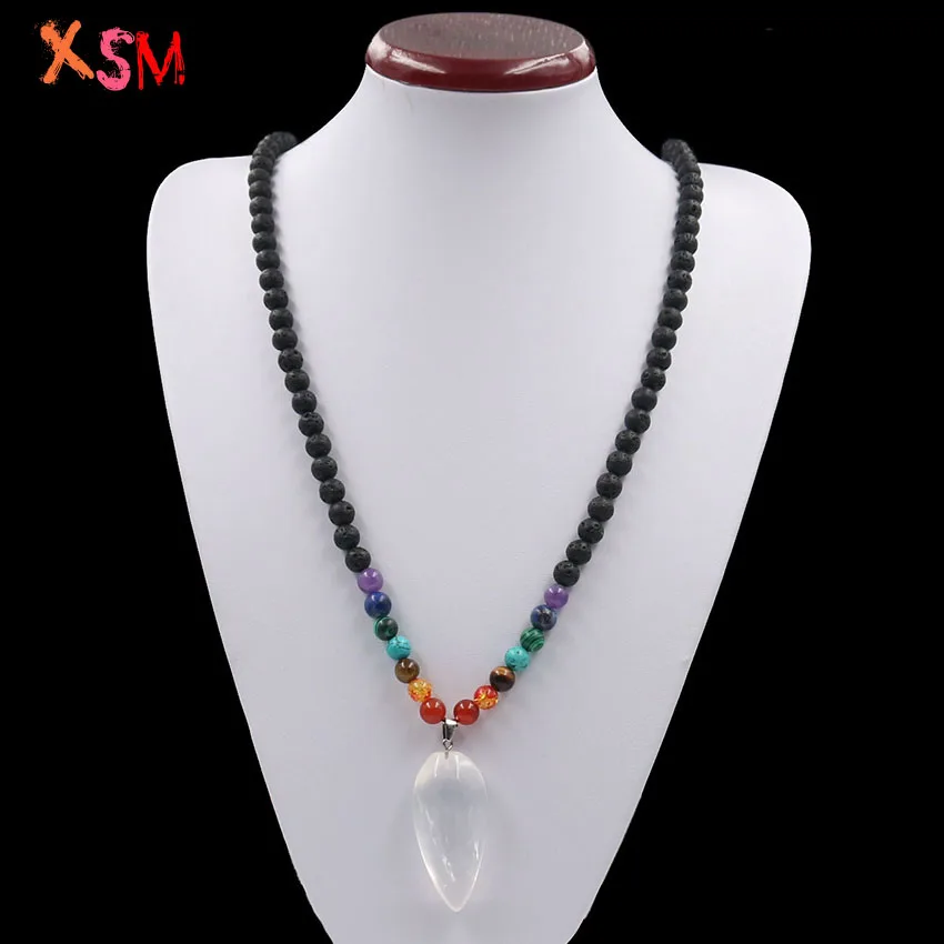 Natural White Rock Crystal Irregular Pendant Black Lava Volcanic Stone Beads 7 Chakra Long Necklace Women Charm Jewelry | Украшения и