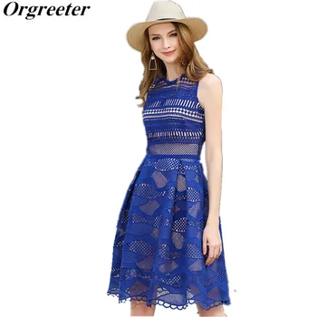 

Women 2018 New Summer Fashion High Quality Blue White Lace Runway Dress Sleeveless Tank Long Party Dresses Robe
