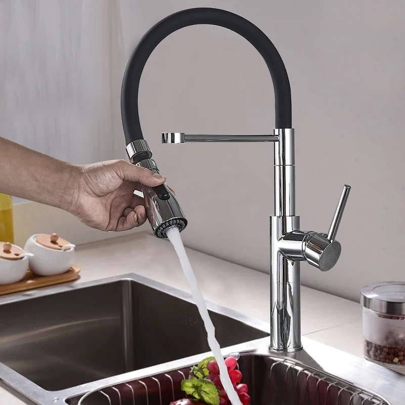 Black and Chrome Finish Kitchen Faucet Deck Mount Pull Out Dual Sprayer
