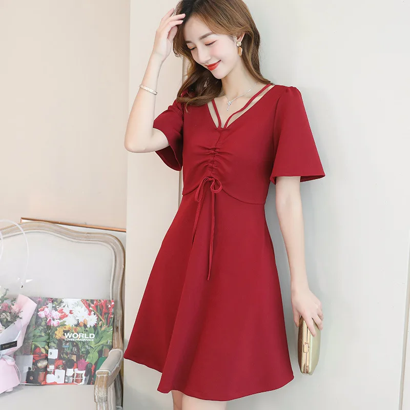 

2019 Fashion Korean Women Dress Summer Casual Short Sleeve High Waist Lace Up Dress Elegant Streetwear Ladies Dresses Vestidos