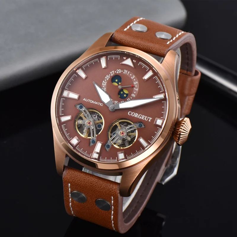 

Corgeut 46mm Mens Automatic Watch Coffee PVD Case Luminous Dial WristWatch Date Function Flywheel Mechanical Watches CA3023CC