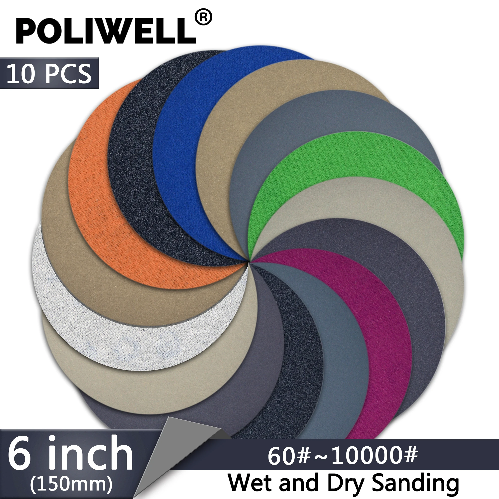 10 Pack 5 Inch 180 Grit Adhesive Back Silicon Carbide Sanding Discs