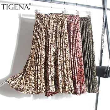 

TIGENA Fashion Leopard Skirts Women with Lined 2019 Autumn Winter High Waist Pleated Midi Long Skirts Female Korean Skirt Ladies