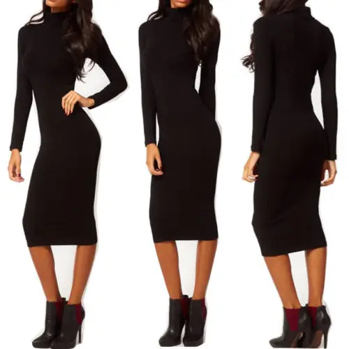 

Women Long Sleeve Turtle Autum Neck Slim Casual Bodycon Party Skinny Solid Black Cocktail Pencil Dress