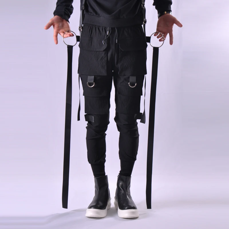 

Spring autumn men multi pockets removable ribbons punk hip hop joggers slim cargo pants mens street style harem pants trousers