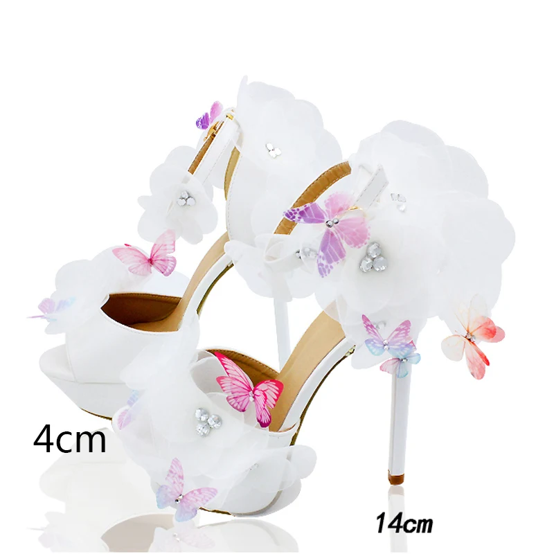 Г., белые свадебные босоножки с цветами и бабочкой женские туфли на высоком каблуке с открытым носком, украшенные кристаллами, милые женские туфли на платформе с ремешком на щиколотке, WS1717