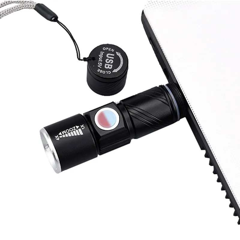 

USB Handy LED Torch usb Flash Light Pocket LED Flash Light Bike Rechargeable Flashlight Zoomable Lamp For Hunting Black