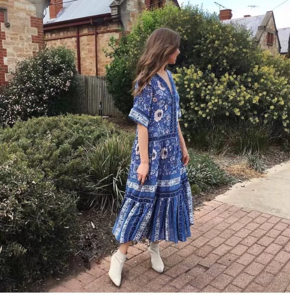

Boho Style Dress 2018 Blue Foral Print Long Dress Summer V-neck Short Sleeve Casual Loose Women Dresses Bohemia Femme Vestdios