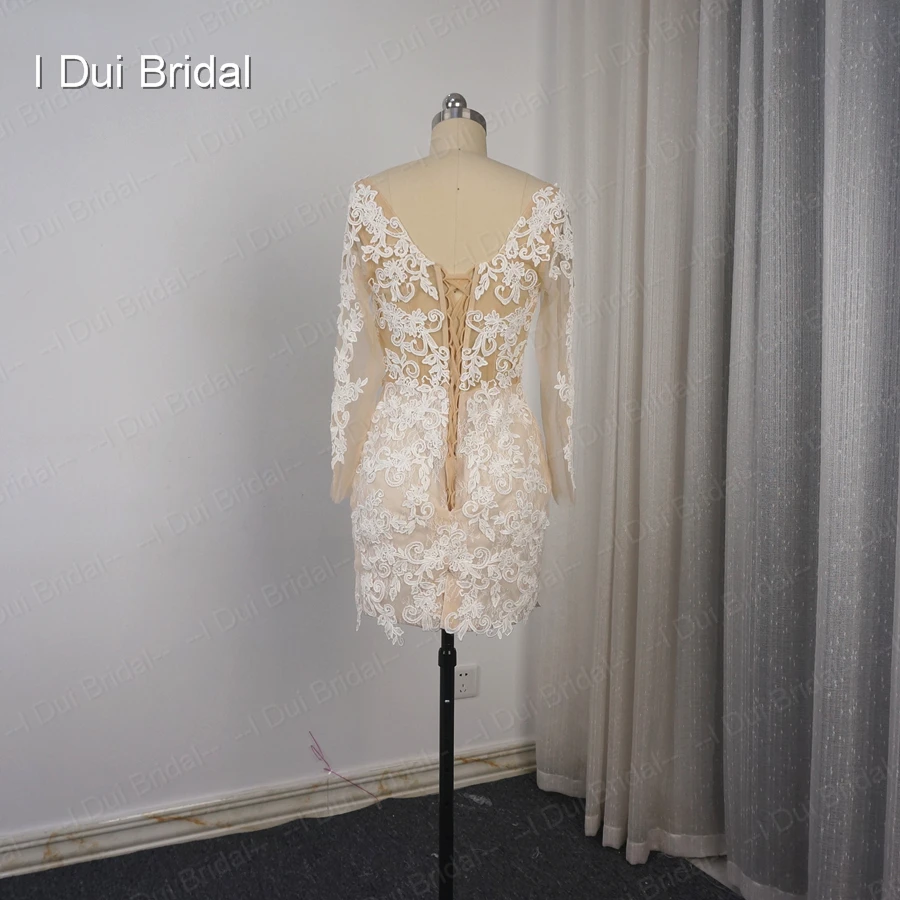 Иллюзия с длинным рукавом Съемная юбка свадебное платье Кружева Аппликация короткий внутри длинный снаружи высокое качество свадебное платье