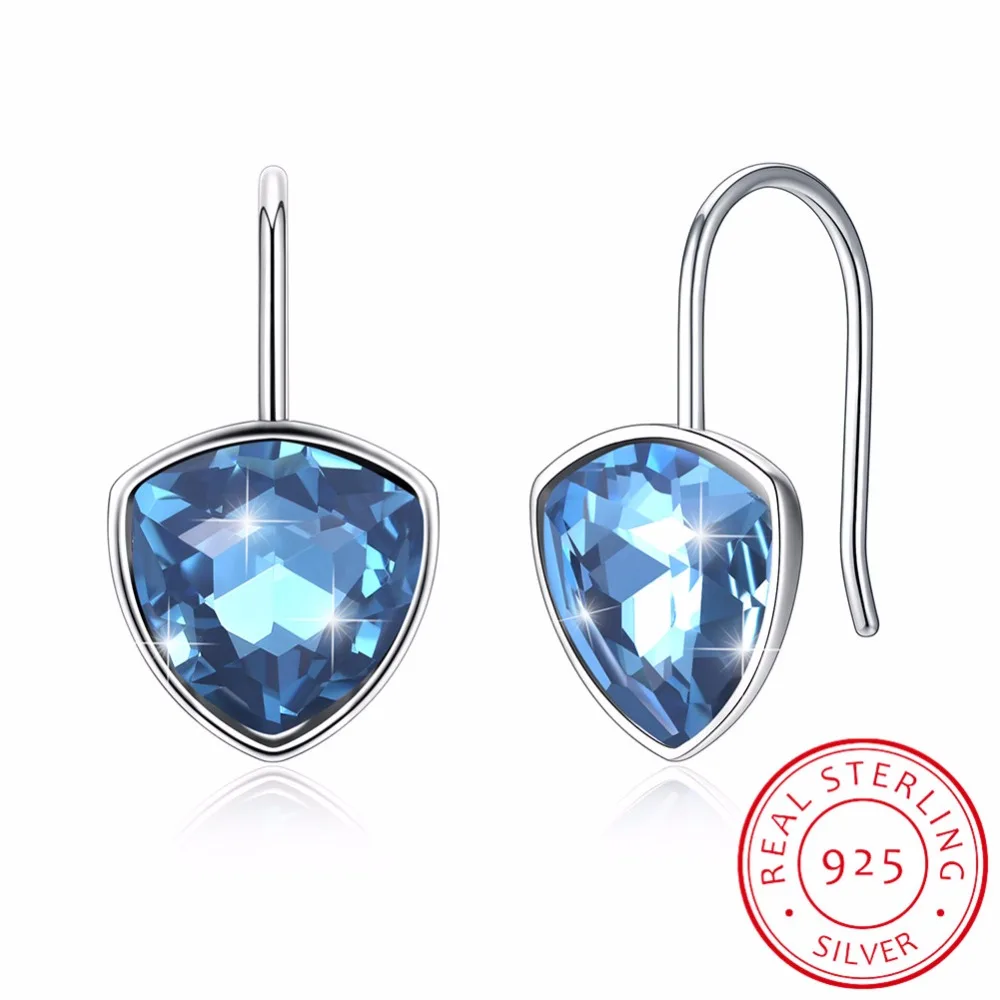 

LEKANI Original Crystals From Blue Triangle Stud Earrings Real S925 Silver Fine Hanging Jewelry For Women Wedding Gift