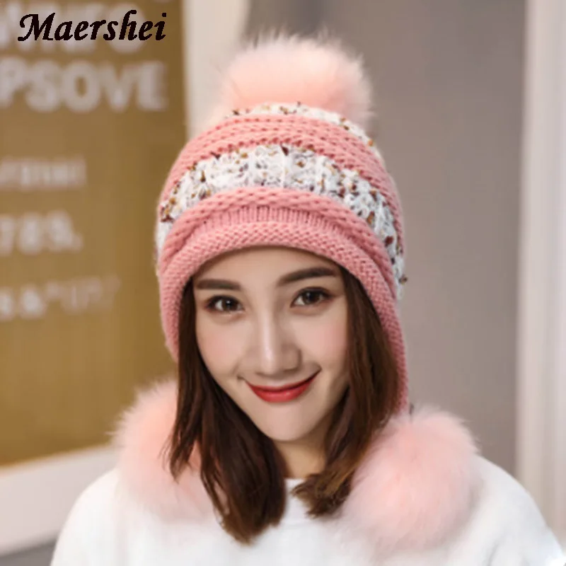 MAERSHEI зимняя новая женская бархатная вязаная шапка Ms. earmuffs Зимняя шерстяная Трехцветная шаровая шапка может быть