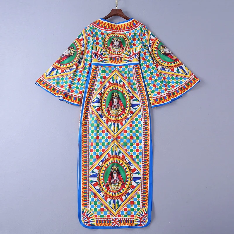 Crayon Perles 2019 Imprimer Manches Longue Robe Haute Flare Fendue Print Nouveau Printemps Plaid Style Qualité B380 Reine Robes Coloré zSMpUV