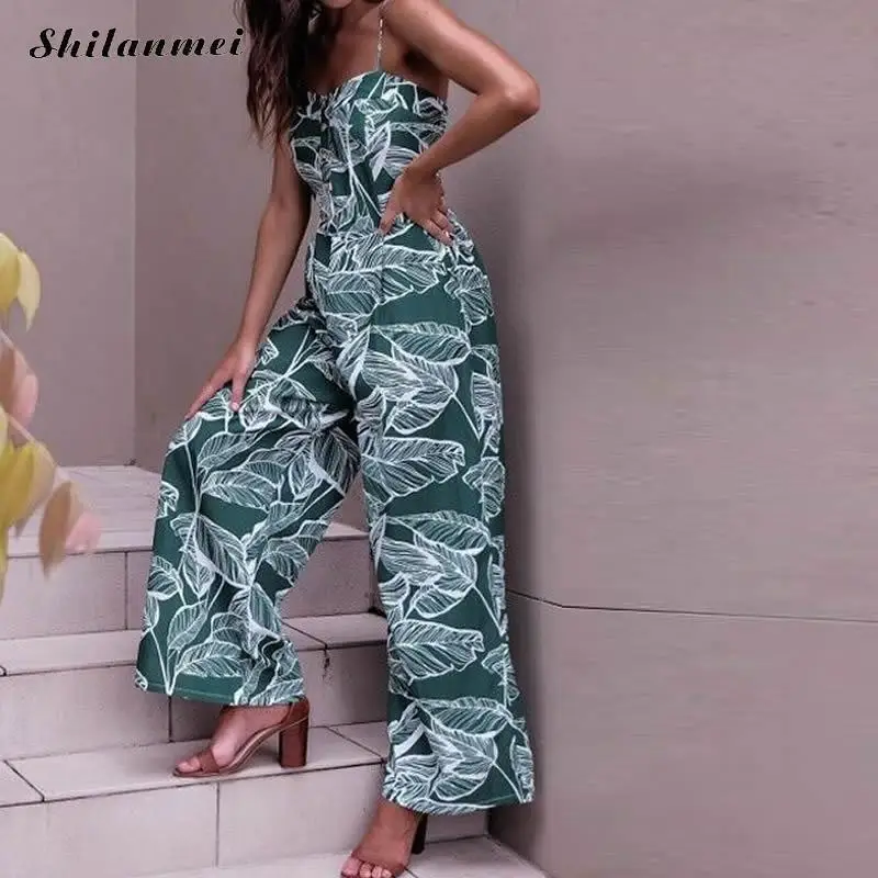 

Summer Jumpsuits 2018 Spaghetti Strap Boho High Waist Tropical Palm Leaf Print Jumpsuit Yellow Wide Leg Women Overalls Vacation